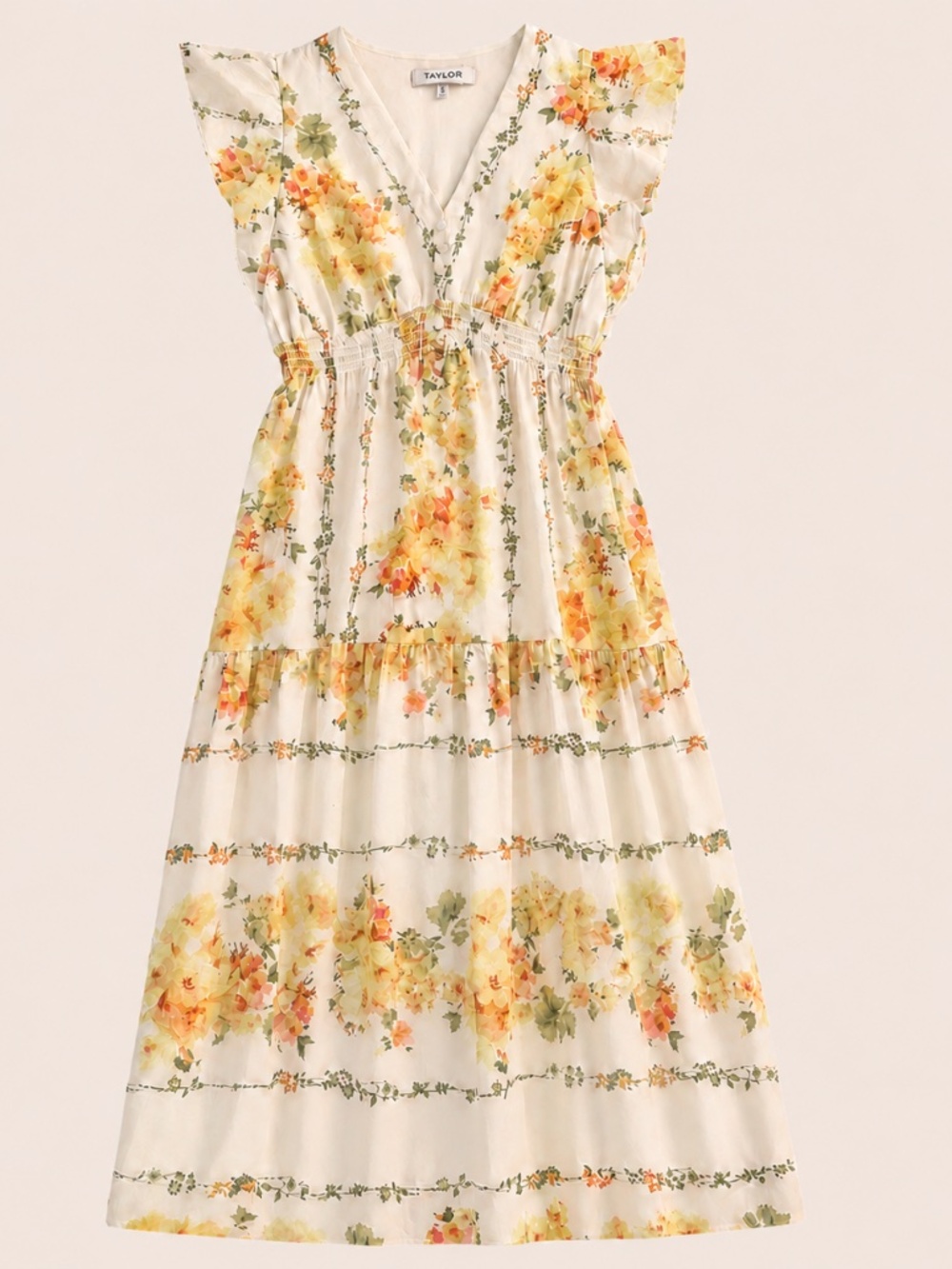 Taylor Floral Flutter-Sleeve Maxi Dress in Orange Cream and Yellow